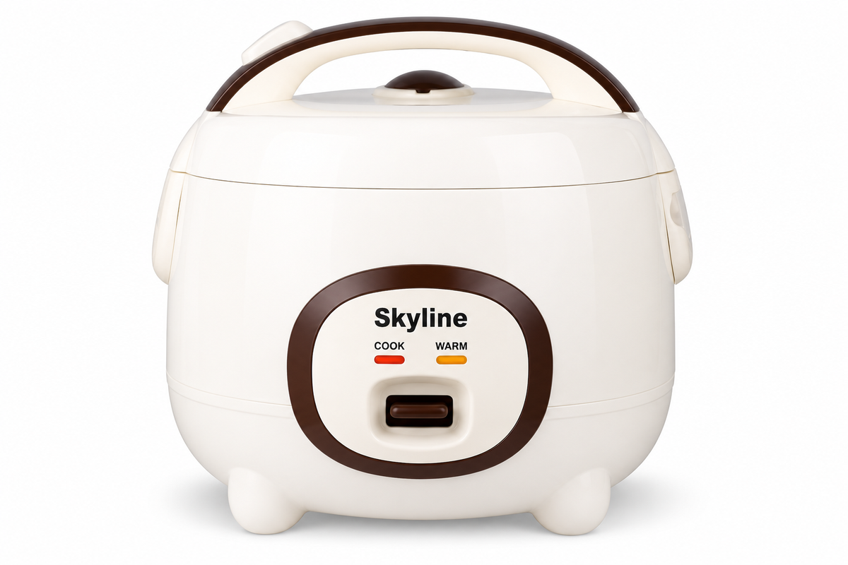 Skyline VTL-905 Deluxe Electric Rice Cooker 1.8L 700W in cream and brown on plain white background