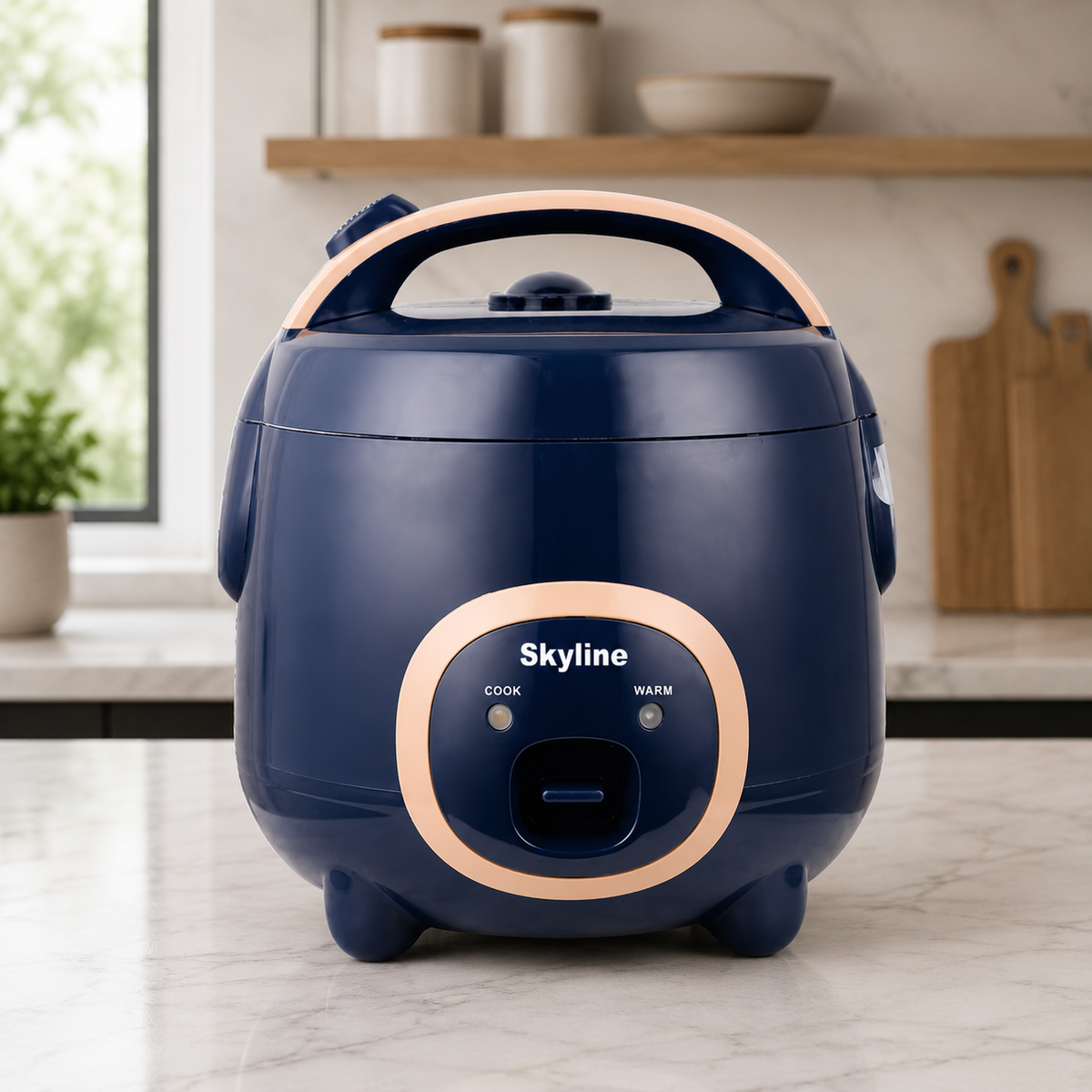 Skyline Deluxe 1.8L blue rice cooker on modern kitchen countertop