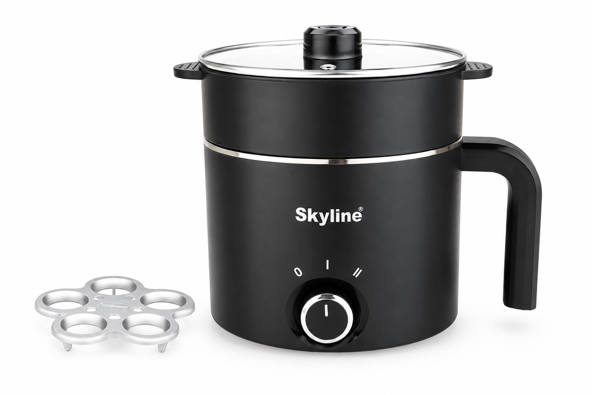 Skyline VTL-9091 black multi kettle with egg steamer accessory on a plain white background