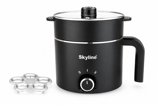 Skyline VTL-9091 black multi kettle with egg steamer accessory on a plain white background