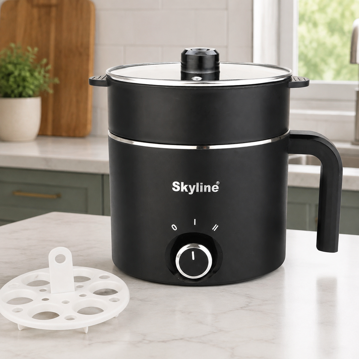 Skyline VTL-9091 black multi kettle with egg rack on kitchen countertop
