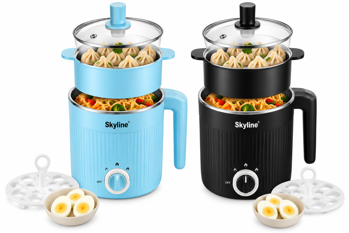 Skyline VTL-9092 1.7L 600W multi kettle with steamer and egg-boiling attachment in Blue and Black on white background