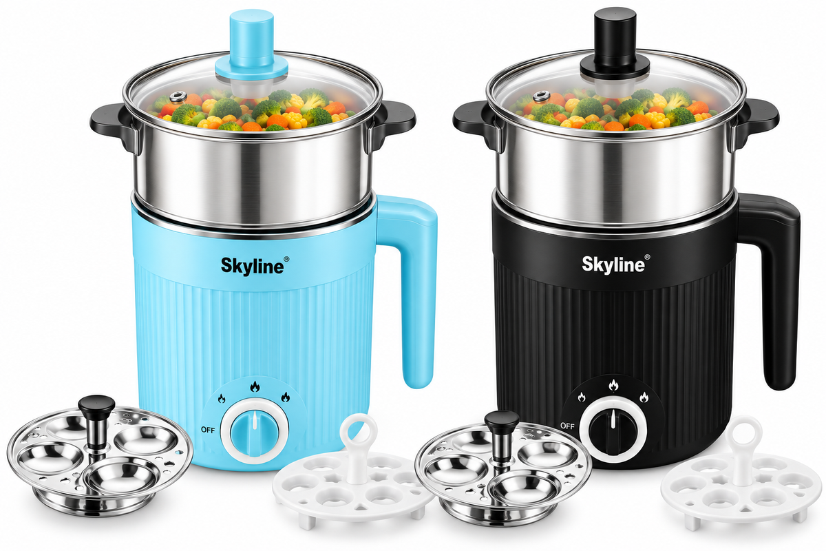 Skyline VTL-9094 1.7L 600W multi kettle in Blue and Black with stainless steel pot, steamer and egg boiler accessories on white background