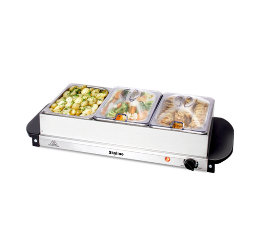 Skyline VTL-9555 stainless steel three-tray buffet server on plain white background