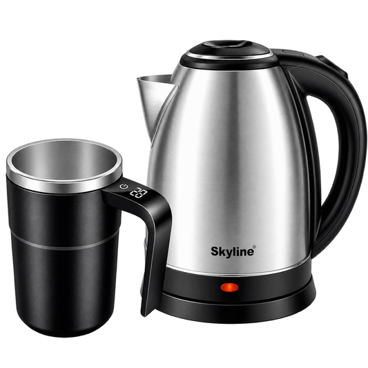 Skyline Wake-Up Set with 1.8L stainless-steel electric kettle and 400ml automatic coffee mixer cup