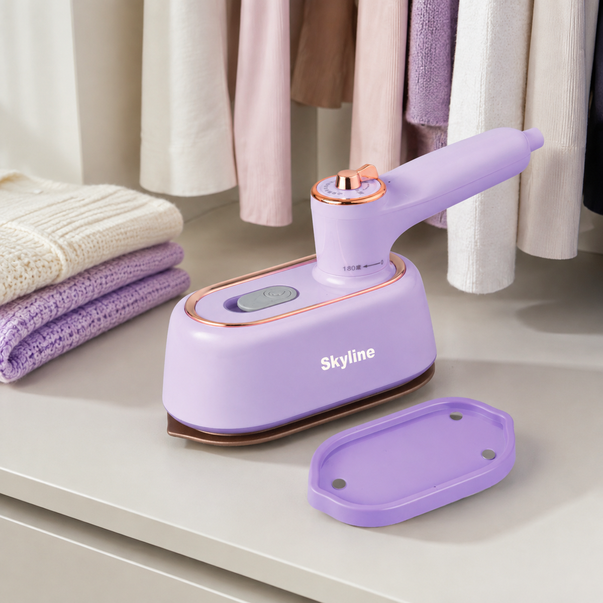 Skyline VTL-5104 portable garment steamer in a premium wardrobe setting
